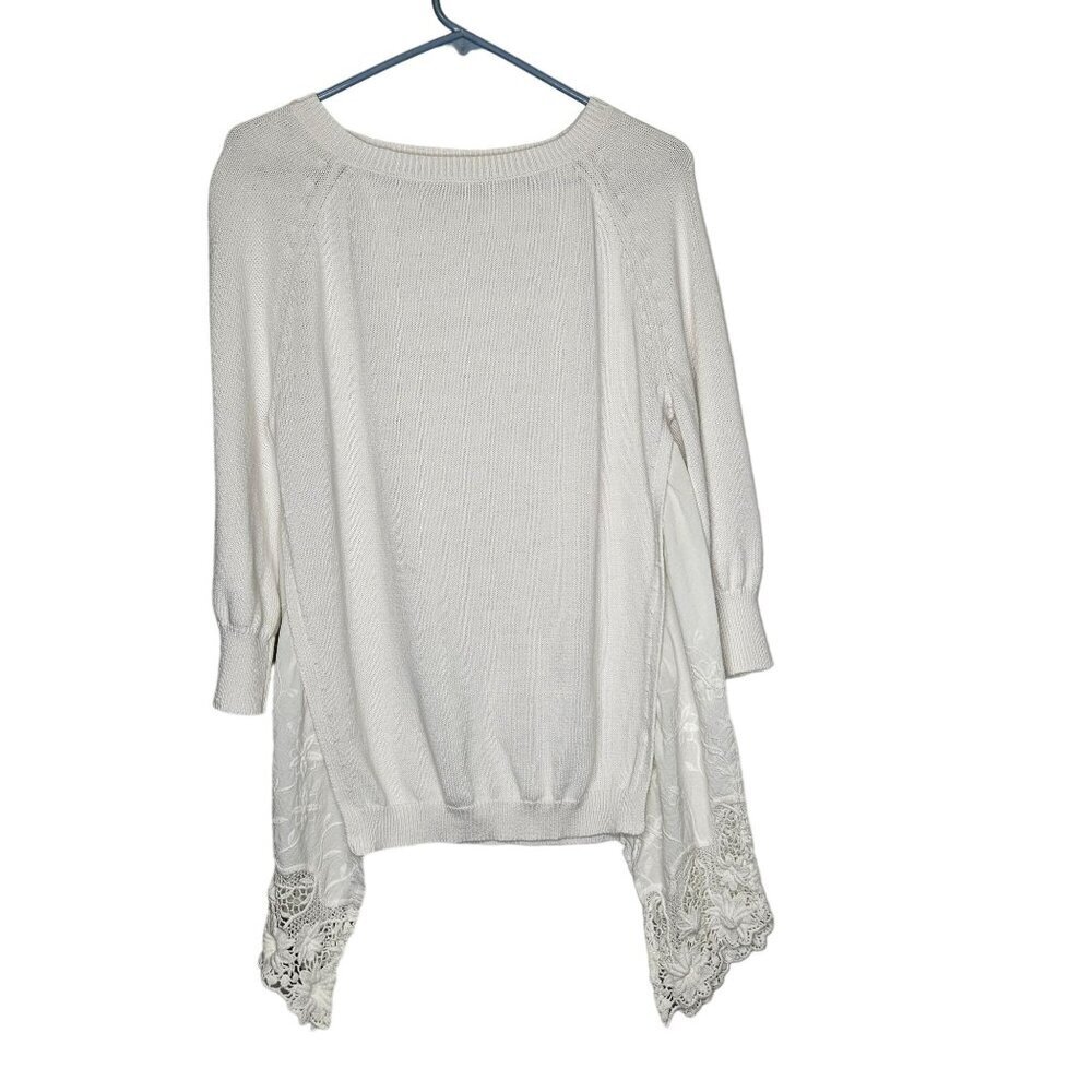 Sundance‎ Medium White Linen Cotton Knit Sweater Crotchet Lace Hem Cottagecore M